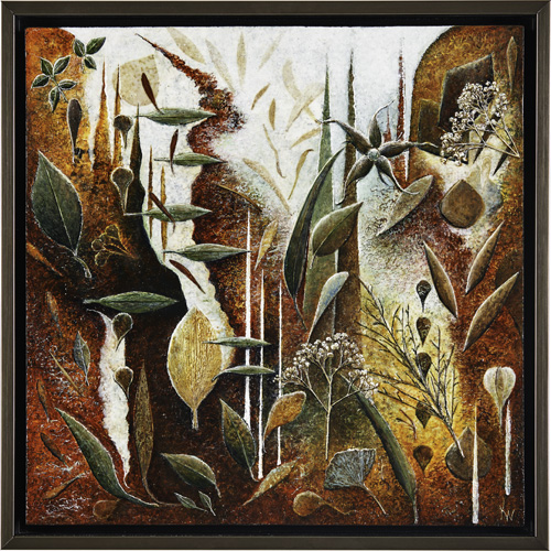 "Open Minded II" Botanical Mixed Media with Frame, 17" x 17" x 2"