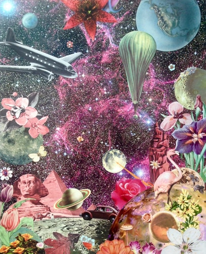 Analog Collage with planets, the Sphinx, an airplane, car and florals by Shawn Marie Hardy
