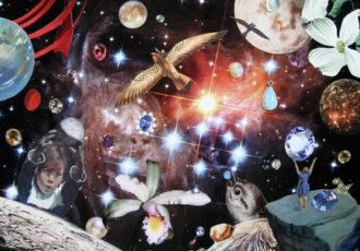 Analog Collage of planets, stars, florals and figures by Shawn Marie Hardy