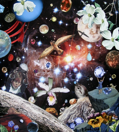 Analog Collage of planets, stars, florals and figures by Shawn Marie Hardy