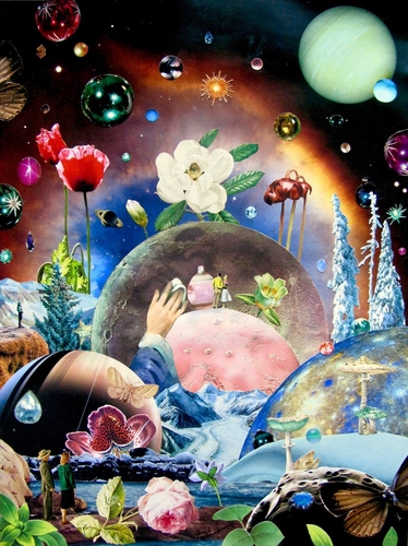 Analog Collage with planets, a snowy landscape, figures and florals by Shawn Marie Hardy
