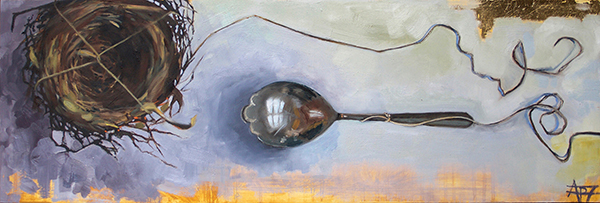 An oil painting featuring a nest and a silver sugar spoon by Andie Freeman