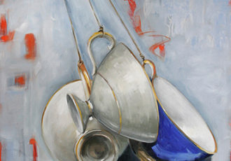 Oil painting of three suspended teacups by Andie Freeman