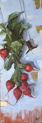 Oil painting of a bunch of radishes and a broken bottle neck by Andie Freeman