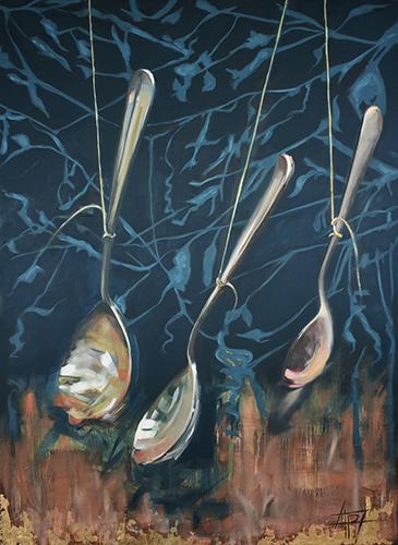 Oil painting of three suspended spoons by Andie Freeman