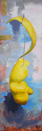 Oil painting of a twisted lemon peel by Andie Freeman