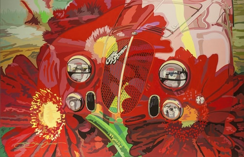 “Alfa Romeo Through the Shasta Daisies” Gouache, 27.5” x 17.5”