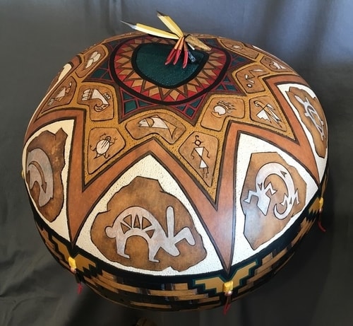 "Ancient Times" Carved and Wood-Burned Gourd with Acrylic and Color Pencil, 21"W x 15"H x 21"D