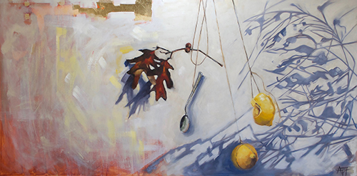 Oil painting of two suspended lemons and a spoon and oak leaves by Andie Freeman