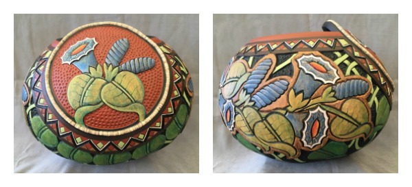 "Blue Glory" (Top and Side Views) Carved and Wood-Burned Gourd with Acrylic and Color Pencil, 12"W x 10"H x 12"D