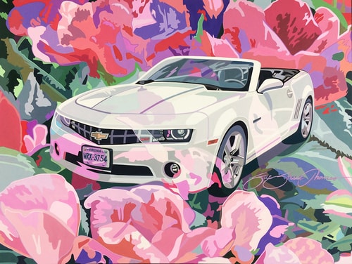 “Camaro Floating in Roses” Gouache, 14” x 11”