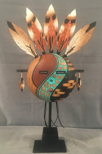 "Copper Feather Mask" Carved and Wood-Burned Gourd with Acrylic, Color Pencil and Watercolor Paper, 12"W x 20"H x 6"D
