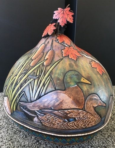 Duck Commission - Mallard Side, Carved and Wood-Burned Gourd with Acrylic and Color Pencil, 14"W x 16"H x 14"D