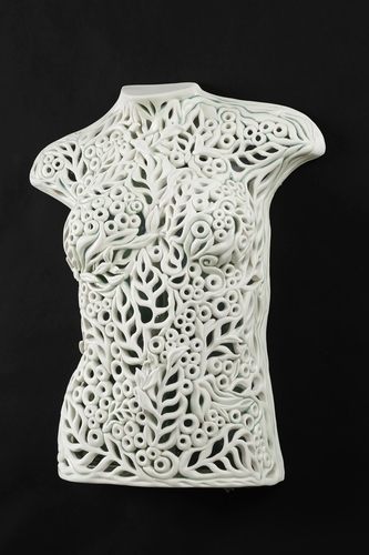 Hand built and carved porcelain female torso by Vivian Saich