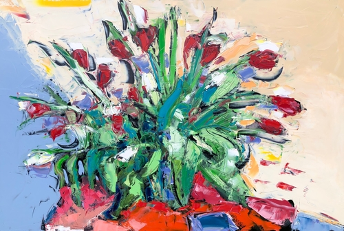 Painting of an arrangement of red flowers by Linda Dumont