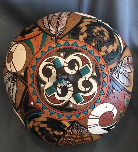 "Four Feathers" Carved and Wood-Burned Gourd with Acrylic and Color Pencil, 18"W x 19"H x 18"D