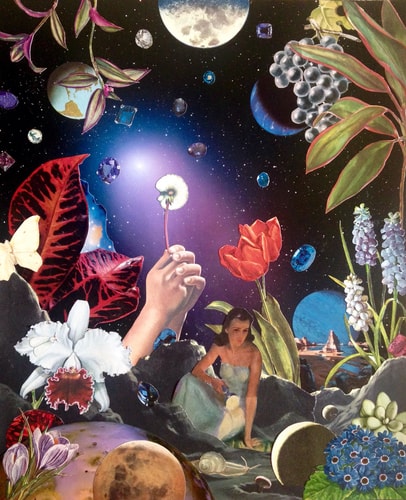 Analog Collage with planets, hands holding a dandelion puff, figures, flora and fauna by Shawn Marie Hardy