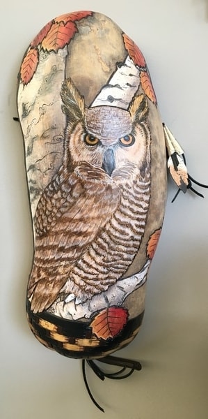 "Great Horned Owl" Carved and Wood-Burned Half Gourd with Acrylic and Color Pencil, 8"W x 16"H x 4"D