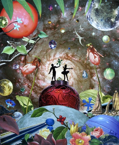 Analog Collage of planets, lady slippers and ballet dancers with jacks by Shawn Marie Hardy