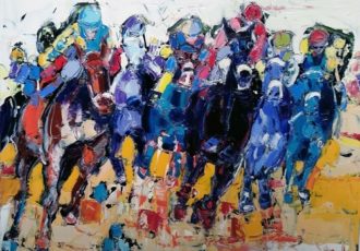 Painting of horses racing at the kentucky Derby by Linda Dumont