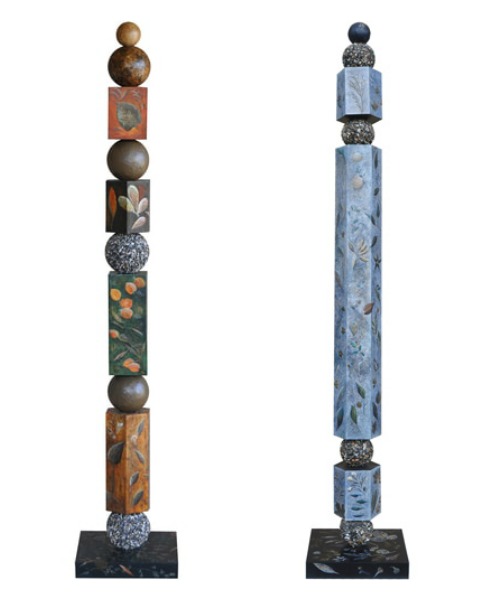 "Totems" Botanical Mixed Media, Each 54" Tall with 12" x 12" x 2" Base