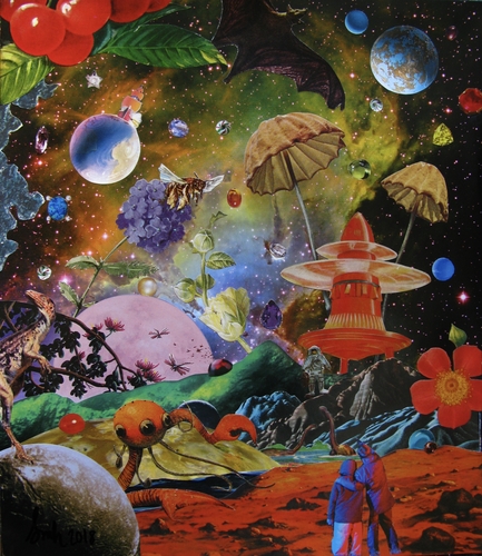 Analog Collage of planets, alien landscapes, figures and rocket ships by Shawn Marie Hardy
