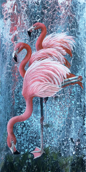 "Flamingo - Three Amigos" Acrylic over Fluid Acrylic Pour on Canvas, 15" x 30" by Artist Linda Steele