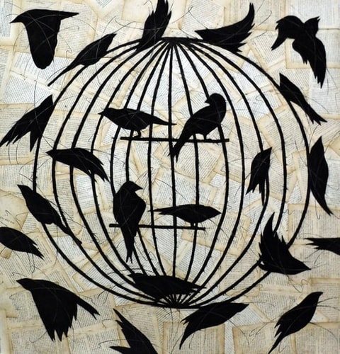 "La Cage dun Fou" Chalk on Vintage Collaged French Book Pages, 38" x 36" by Artist Louise LaPlante