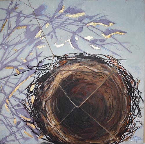 Oil painting of a nest with shadows in the background by Andie Freeman