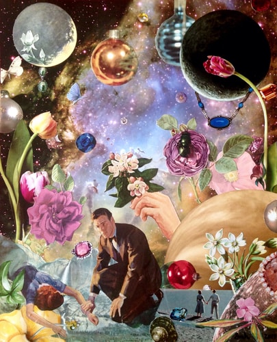 Analog Collage with planets, Christmas ornaments, florals and figures by Shawn Marie Hardy