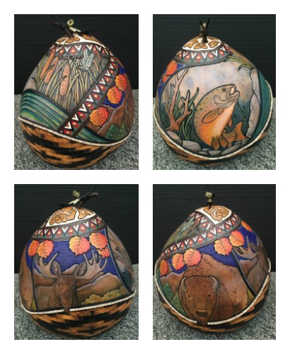 "River Runs Through It" (Cattails, Bison, Moose and Trout Sides) Carved and Wood-Burned Gourd with Acrylic and Color Pencil, 14"W x 15"H x 14"D