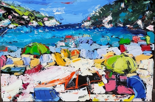 Painting of a beach in San Sebastien, Spain, by Linda Dumont