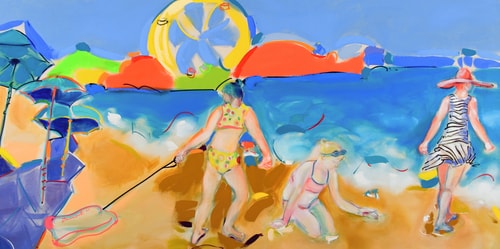 Oil painting of people on the beach near Santa Monica Pier in California by Linda Dumont