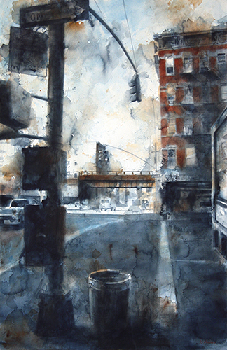 “West 29th Street, Terminal Food” Watercolor, 26” x 40”