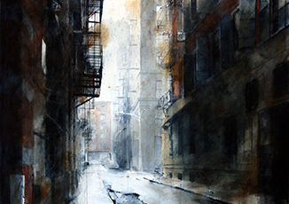 “Cortlandt Alley Morning Rain” Watercolor, 26” x 40”