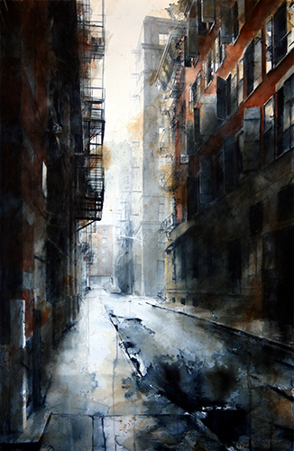 “Cortlandt Alley Morning Rain” Watercolor, 26” x 40”