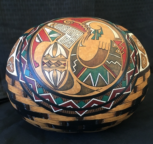 "Shard Bowl" Carved and Wood-Burned Gourd with Acrylic and Color Pencil, 12"W x 10"H x 12"D