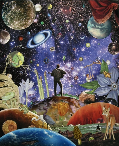 Analog Collage with a guitarist, planets, florals and fauna, birds and a deer by Shawn Marie Hardy