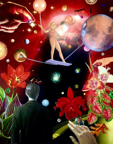 Analog Collage with a woman on a high wire, florals and planets by Shawn Marie Hardy