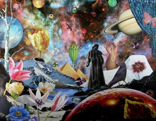 Analog Collage with planets, black robed figure, crows and florals by Shawn Marie Hardy