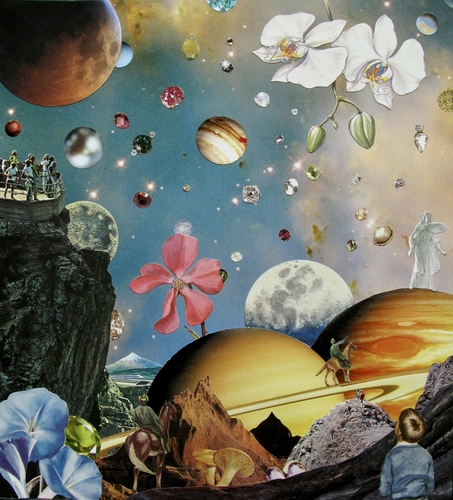 Analog Collage with people on a scenic overlook at twilight by Shawn Marie Hardy