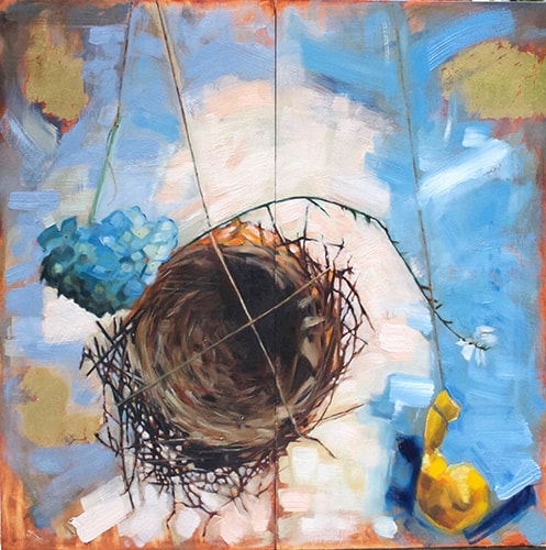 "Nest Diptych" Oil on Cradled Birch Wood with Stained Wood Sides, Each Panel 10" x 20" x 2"