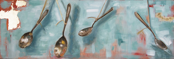 Oil painting of four suspended spoons by Andie Freeman