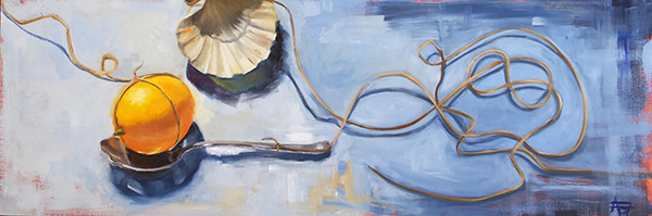 Oil painting of a spoon holding a lemon and a seashell by Andie Freeman