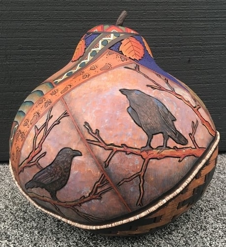 "Rules of the Roost" (Raven Side) Carved and Wood-Burned Gourd with Acrylic and Color Pencil, 13"W x 14"H x 13"D