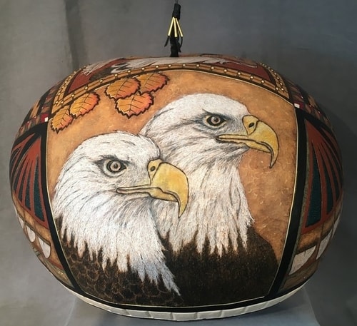 "Talons - Eagles" Carved and Wood-Burned Gourd with Acrylic and Color Pencil, 20"W x 17"H x 22"D