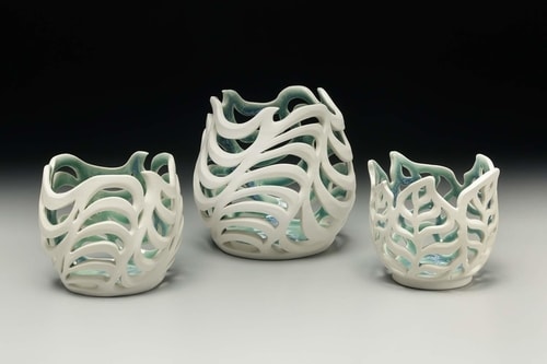 Three hand built porcelain pots by Vivian Saich