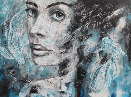 “At the Bottom of the Seas” Acrylic and Collage portrait of a woman with goldfish by Nadjejda Gilbert