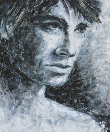 “Beyond Dreams” Acrylic and Collage portrait of a young man by Nadjejda Gilbert