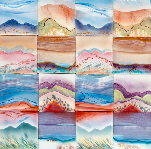 “Woven Land III” Mixed Media artwork as a grid of colorful landscapes by Ushana Mara
